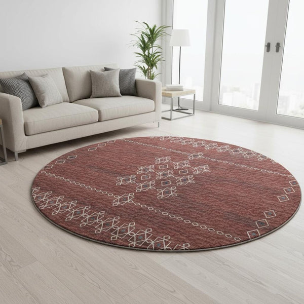HomeRoots 8' Burnt Sienna Tribal Round Rug - Washable, UV Protected, Stain-Resistant for Busy Homes & Kids 644811