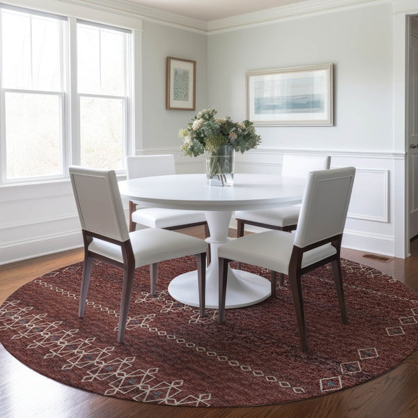 HomeRoots 8' Burnt Sienna Tribal Round Rug - Washable, UV Protected, Stain-Resistant for Busy Homes & Kids 644811