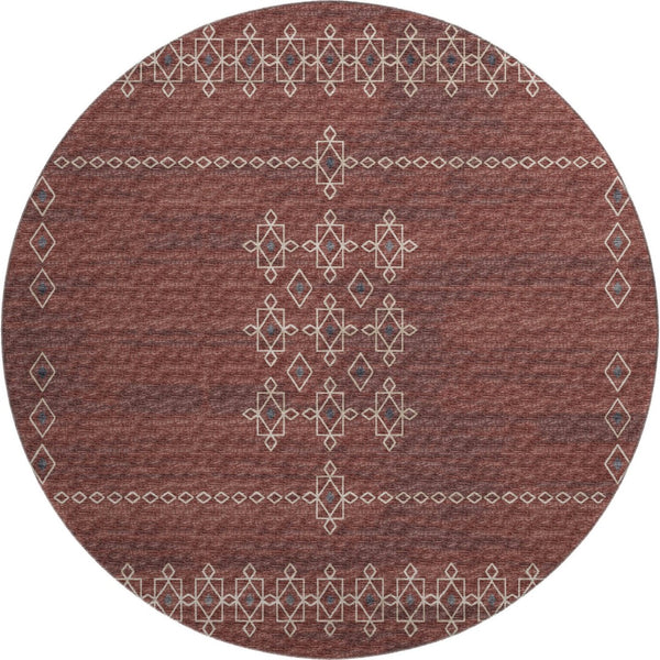 HomeRoots 8' Burnt Sienna Tribal Round Rug - Washable, UV Protected, Stain-Resistant for Busy Homes & Kids 644811