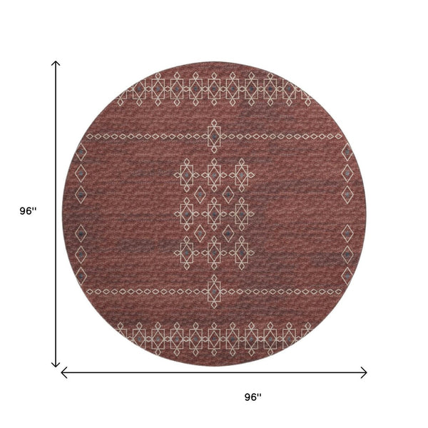 HomeRoots 8' Burnt Sienna Tribal Round Rug - Washable, UV Protected, Stain-Resistant for Busy Homes & Kids 644811