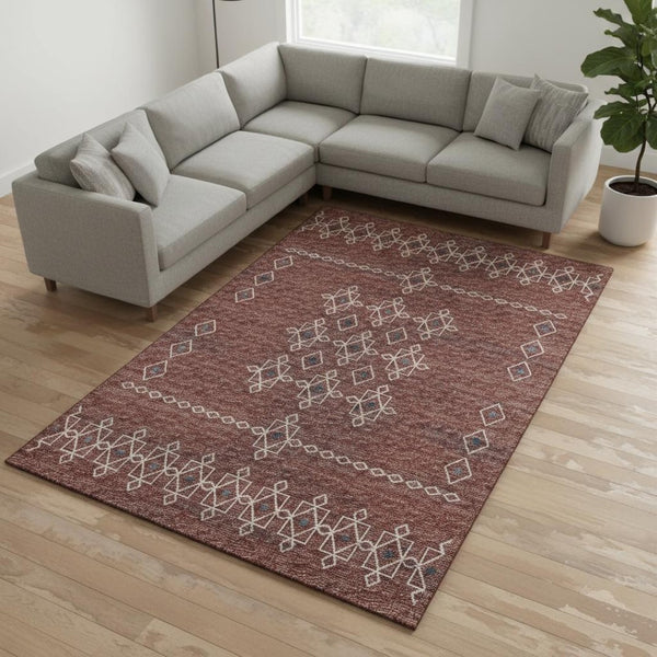 HomeRoots 9' X 12' Burnt Sienna Tribal Area Rug with UV Protection - Durable, Washable, and Stylish for Homes 644813