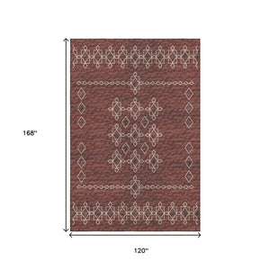 HomeRoots 10' X 14' Washable Area Rug in Burnt Sienna & Ivory - Tribal Design with UV Protection & Stain Resistance 644814