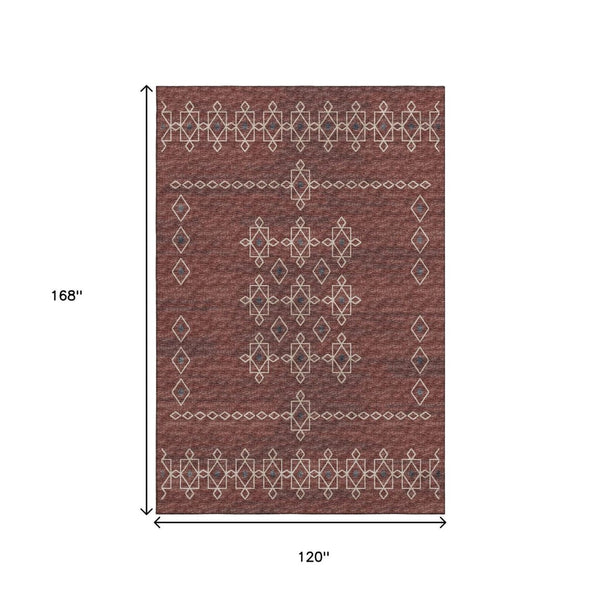 HomeRoots 10' X 14' Washable Area Rug in Burnt Sienna & Ivory - Tribal Design with UV Protection & Stain Resistance 644814