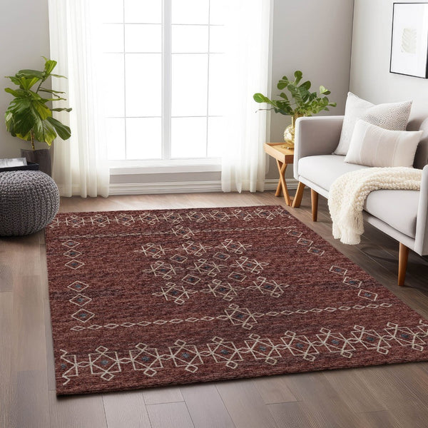 HomeRoots 10' X 14' Washable Area Rug in Burnt Sienna & Ivory - Tribal Design with UV Protection & Stain Resistance 644814