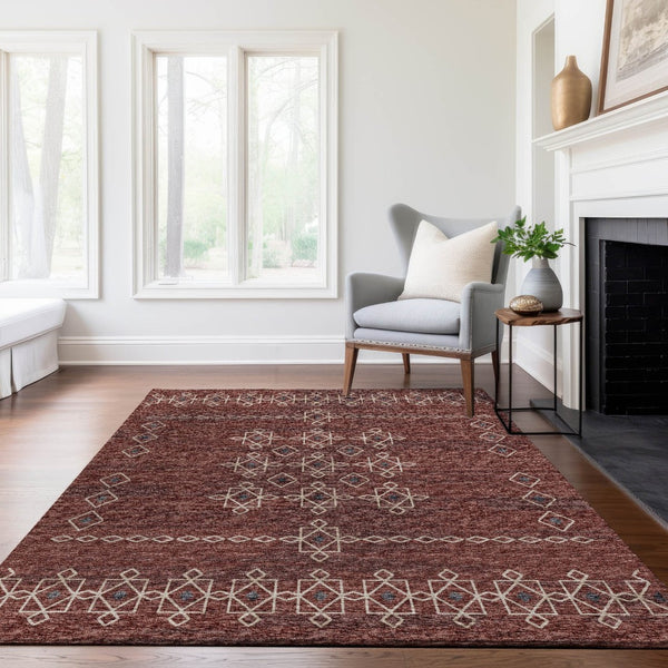 HomeRoots 10' X 14' Washable Area Rug in Burnt Sienna & Ivory - Tribal Design with UV Protection & Stain Resistance 644814