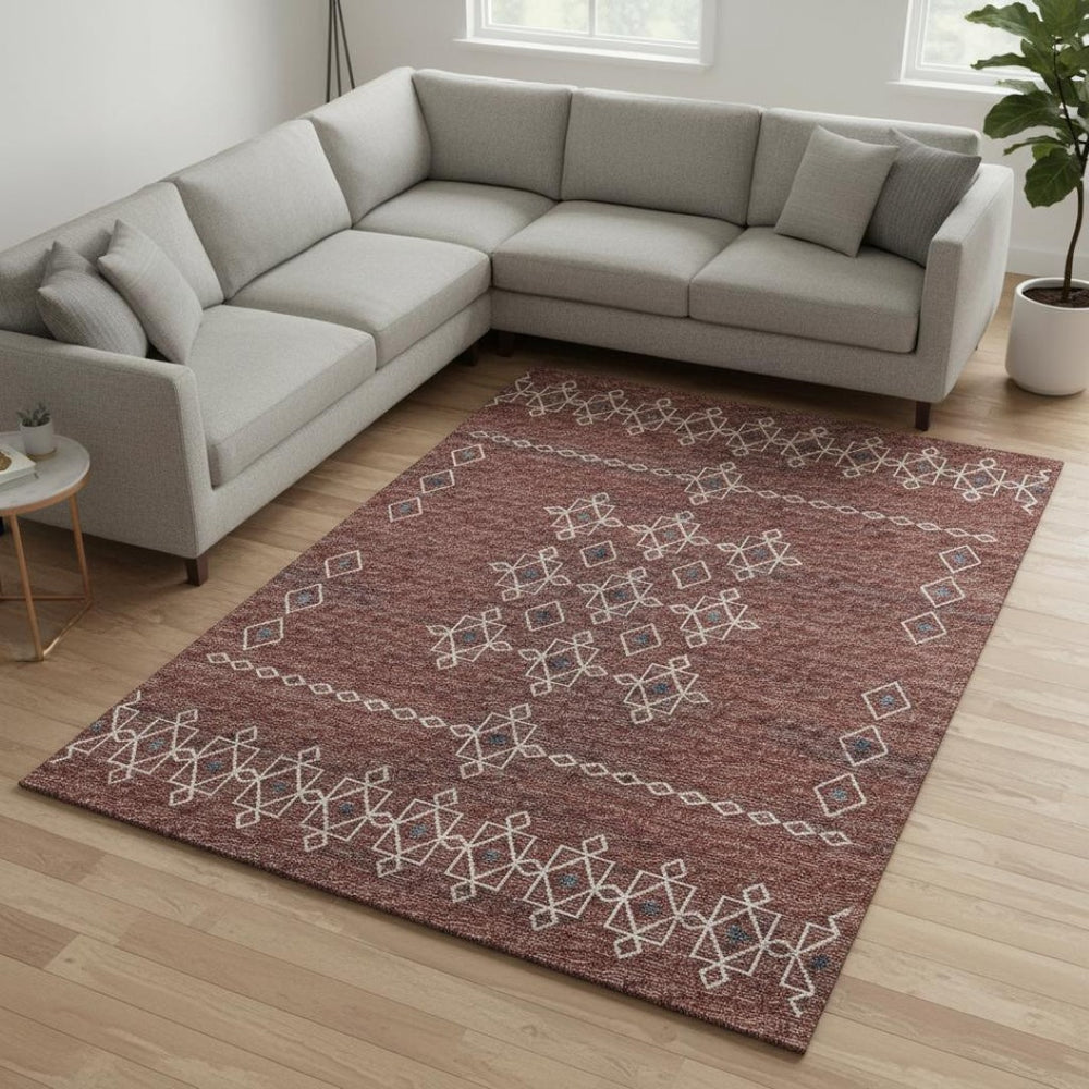 HomeRoots 10' X 14' Washable Area Rug in Burnt Sienna & Ivory - Tribal Design with UV Protection & Stain Resistance 644814