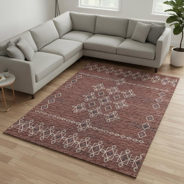 HomeRoots 10' X 14' Washable Area Rug in Burnt Sienna & Ivory - Tribal Design with UV Protection & Stain Resistance 644814
