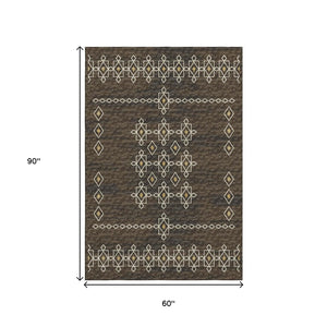 HomeRoots 5' X 8' Brown Ivory Gold Tribal Area Rug - Washable, UV Protected, Soft, Durable for Busy Homes 644816