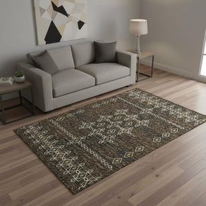 HomeRoots 5' X 8' Brown Ivory Gold Tribal Area Rug - Washable, UV Protected, Soft, Durable for Busy Homes 644816