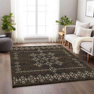 HomeRoots 5' X 8' Brown Ivory Gold Tribal Area Rug - Washable, UV Protected, Soft, Durable for Busy Homes 644816