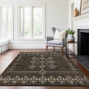 HomeRoots 5' X 8' Brown Ivory Gold Tribal Area Rug - Washable, UV Protected, Soft, Durable for Busy Homes 644816