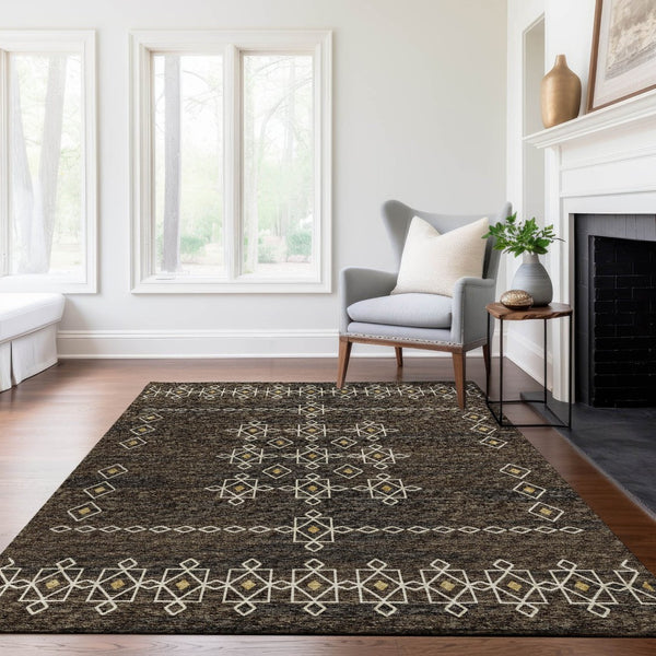 HomeRoots 5' X 8' Brown Ivory Gold Tribal Area Rug - Washable, UV Protected, Soft, Durable for Busy Homes 644816