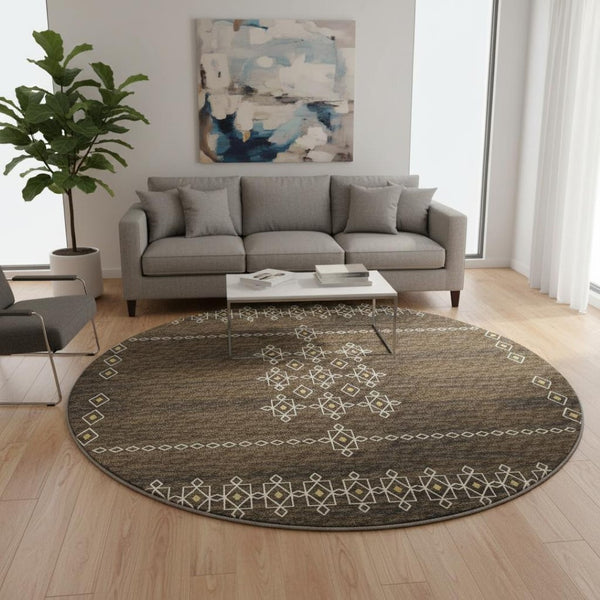 HomeRoots 8' Washable Round Rug in Brown, Ivory & Gold Tribal Design – UV Protected, Durable & Stylish Home Accent 644817