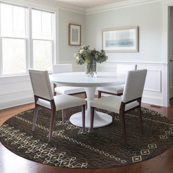 HomeRoots 8' Washable Round Rug in Brown, Ivory & Gold Tribal Design – UV Protected, Durable & Stylish Home Accent 644817