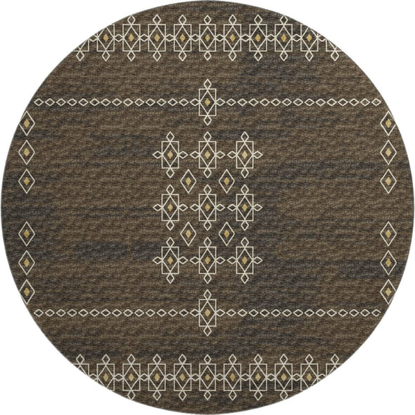 HomeRoots 8' Washable Round Rug in Brown, Ivory & Gold Tribal Design – UV Protected, Durable & Stylish Home Accent 644817