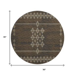 HomeRoots 8' Washable Round Rug in Brown, Ivory & Gold Tribal Design – UV Protected, Durable & Stylish Home Accent 644817