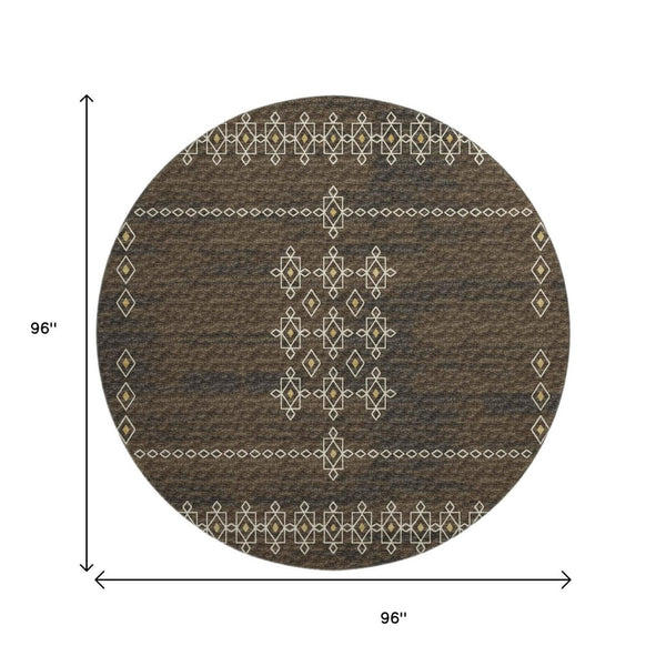 HomeRoots 8' Washable Round Rug in Brown, Ivory & Gold Tribal Design – UV Protected, Durable & Stylish Home Accent 644817