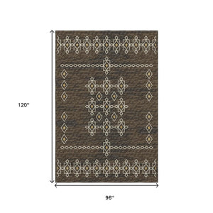 HomeRoots 8' X 10' Washable Tribal Area Rug in Brown, Ivory & Gold - UV Protected, Stain Resistant & Durable Design 644818