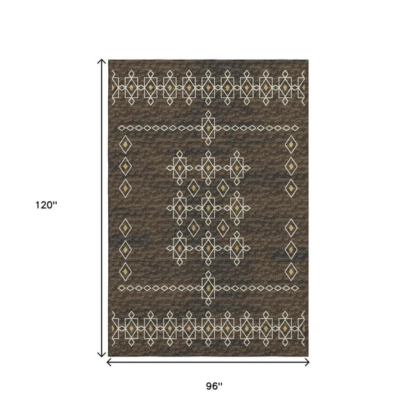 HomeRoots 8' X 10' Washable Tribal Area Rug in Brown, Ivory & Gold - UV Protected, Stain Resistant & Durable Design 644818