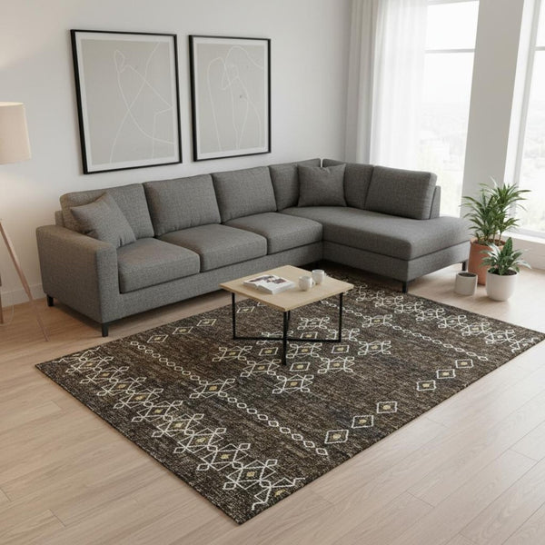 HomeRoots 8' X 10' Washable Tribal Area Rug in Brown, Ivory & Gold - UV Protected, Stain Resistant & Durable Design 644818