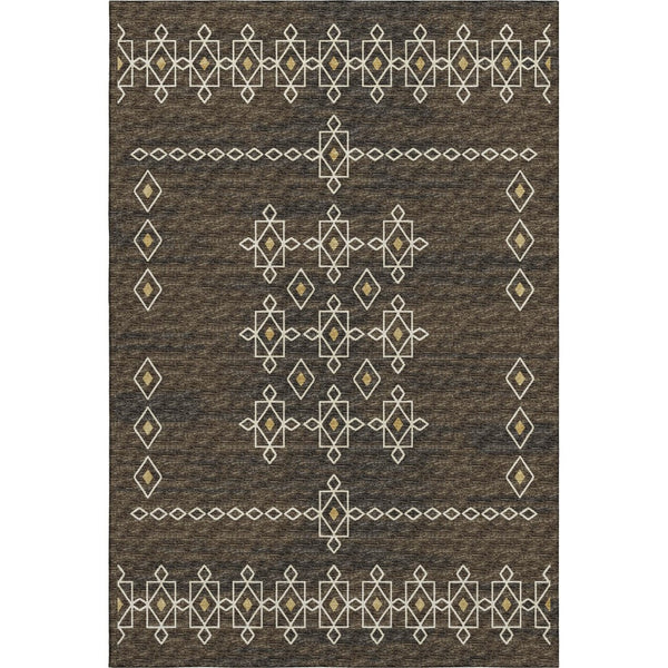 HomeRoots 8' X 10' Washable Tribal Area Rug in Brown, Ivory & Gold - UV Protected, Stain Resistant & Durable Design 644818