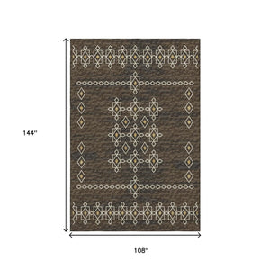 HomeRoots 9' X 12' Versatile Brown Ivory Gold Tribal Washable Area Rug with UV Protection for High-Traffic Spaces 644819