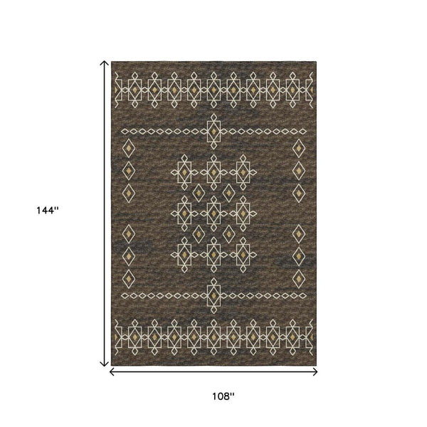 HomeRoots 9' X 12' Versatile Brown Ivory Gold Tribal Washable Area Rug with UV Protection for High-Traffic Spaces 644819