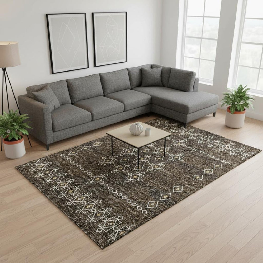 HomeRoots 9' X 12' Versatile Brown Ivory Gold Tribal Washable Area Rug with UV Protection for High-Traffic Spaces 644819