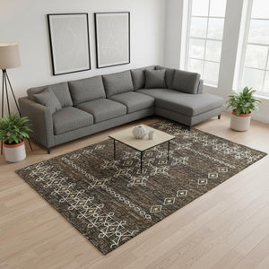 HomeRoots 9' X 12' Versatile Brown Ivory Gold Tribal Washable Area Rug with UV Protection for High-Traffic Spaces 644819