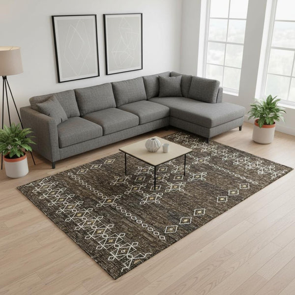 HomeRoots 9' X 12' Versatile Brown Ivory Gold Tribal Washable Area Rug with UV Protection for High-Traffic Spaces 644819