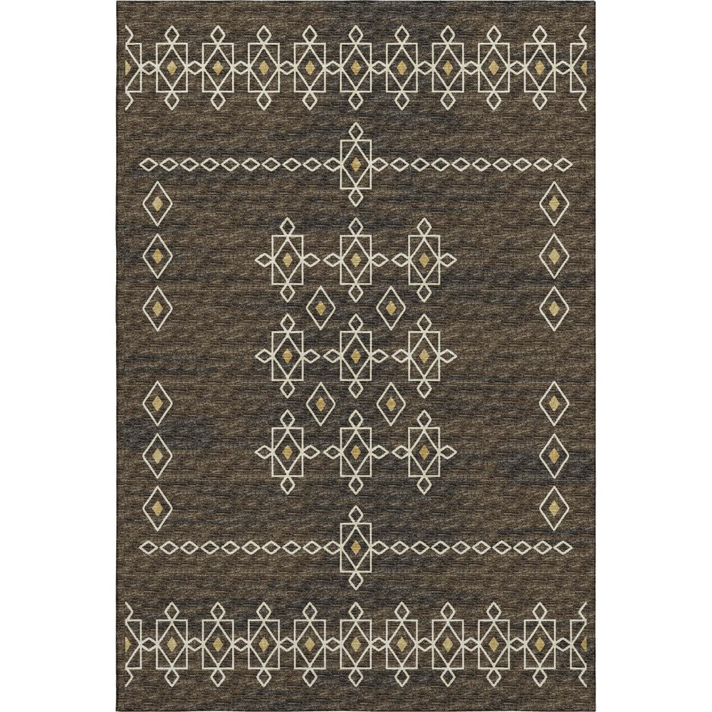 HomeRoots 9' X 12' Versatile Brown Ivory Gold Tribal Washable Area Rug with UV Protection for High-Traffic Spaces 644819