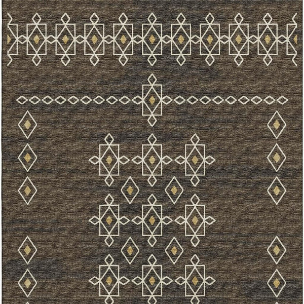 HomeRoots 9' X 12' Versatile Brown Ivory Gold Tribal Washable Area Rug with UV Protection for High-Traffic Spaces 644819