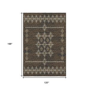 HomeRoots 10' Brown Ivory Gold Tribal Area Rug - Washable, UV-Protected, Stain-Resistant for Busy Homes 644820