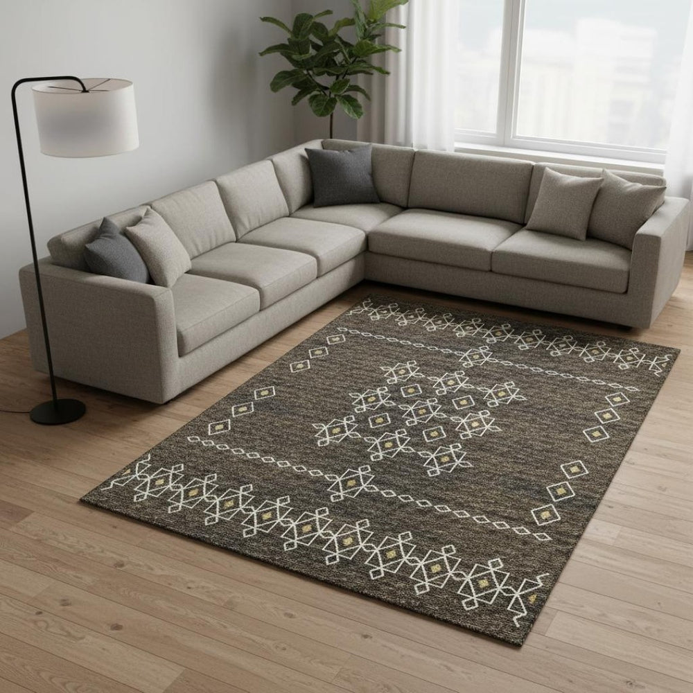HomeRoots 10' Brown Ivory Gold Tribal Area Rug - Washable, UV-Protected, Stain-Resistant for Busy Homes 644820