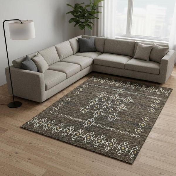 HomeRoots 10' Brown Ivory Gold Tribal Area Rug - Washable, UV-Protected, Stain-Resistant for Busy Homes 644820