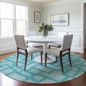 HomeRoots 8' Turquoise and Sky Blue Abstract Round Rug - Machine Washable, UV Protected, Stain Resistant Design! 644835