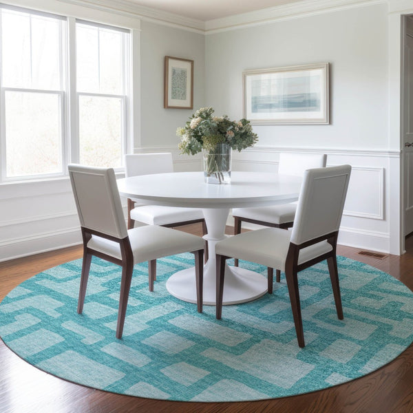 HomeRoots 8' Turquoise and Sky Blue Abstract Round Rug - Machine Washable, UV Protected, Stain Resistant Design! 644835