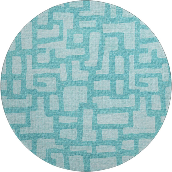 HomeRoots 8' Turquoise and Sky Blue Abstract Round Rug - Machine Washable, UV Protected, Stain Resistant Design! 644835