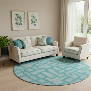 HomeRoots 8' Turquoise and Sky Blue Abstract Round Rug - Machine Washable, UV Protected, Stain Resistant Design! 644835