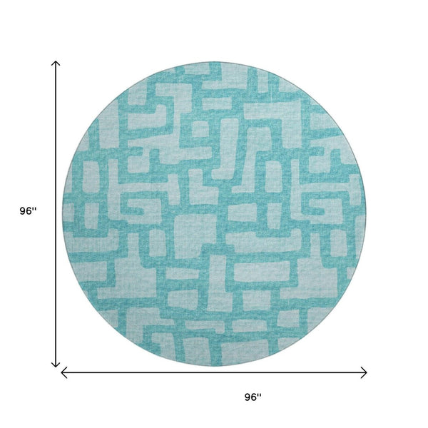 HomeRoots 8' Turquoise and Sky Blue Abstract Round Rug - Machine Washable, UV Protected, Stain Resistant Design! 644835