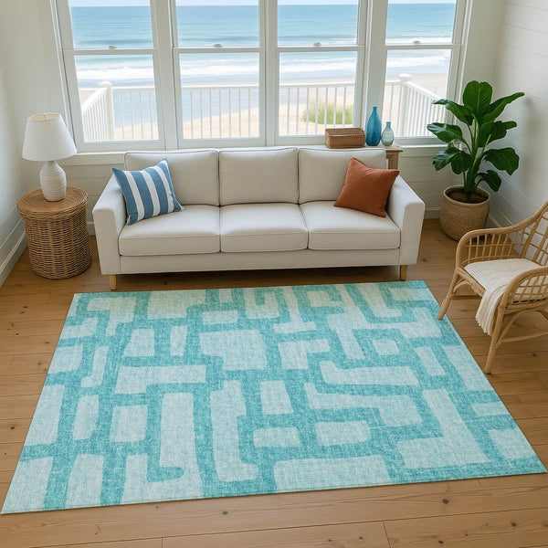 HomeRoots 9' X 12' Turquoise & Sky Blue Abstract Area Rug - Stylish, Washable, UV Protected for Any Room! 644837
