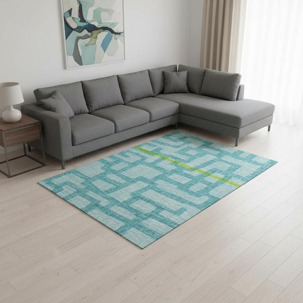 HomeRoots 10' Turquoise & Sky Blue Abstract Area Rug - Washable, UV Protected, Perfect for Kids & Pets! 644838