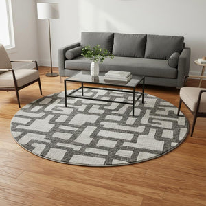 HomeRoots 8' Gray and Ivory Abstract Round Rug - Washable, UV Protected, Family-Friendly Style for Any Space 644841