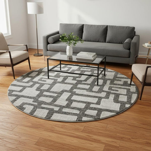 HomeRoots 8' Gray and Ivory Abstract Round Rug - Washable, UV Protected, Family-Friendly Style for Any Space 644841