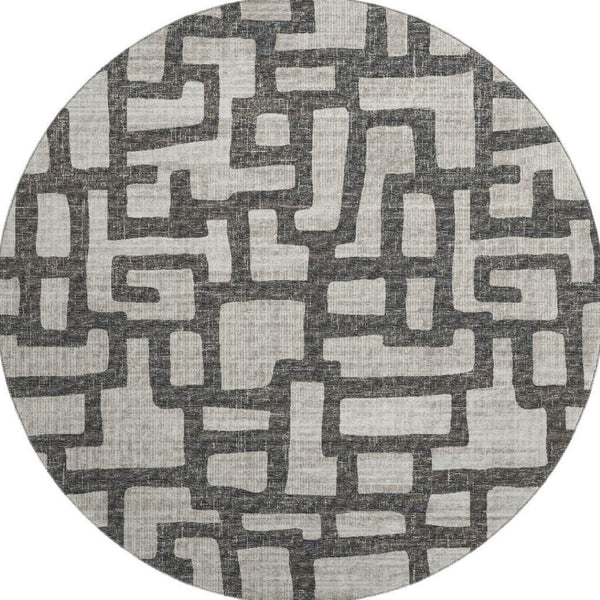 HomeRoots 8' Gray and Ivory Abstract Round Rug - Washable, UV Protected, Family-Friendly Style for Any Space 644841