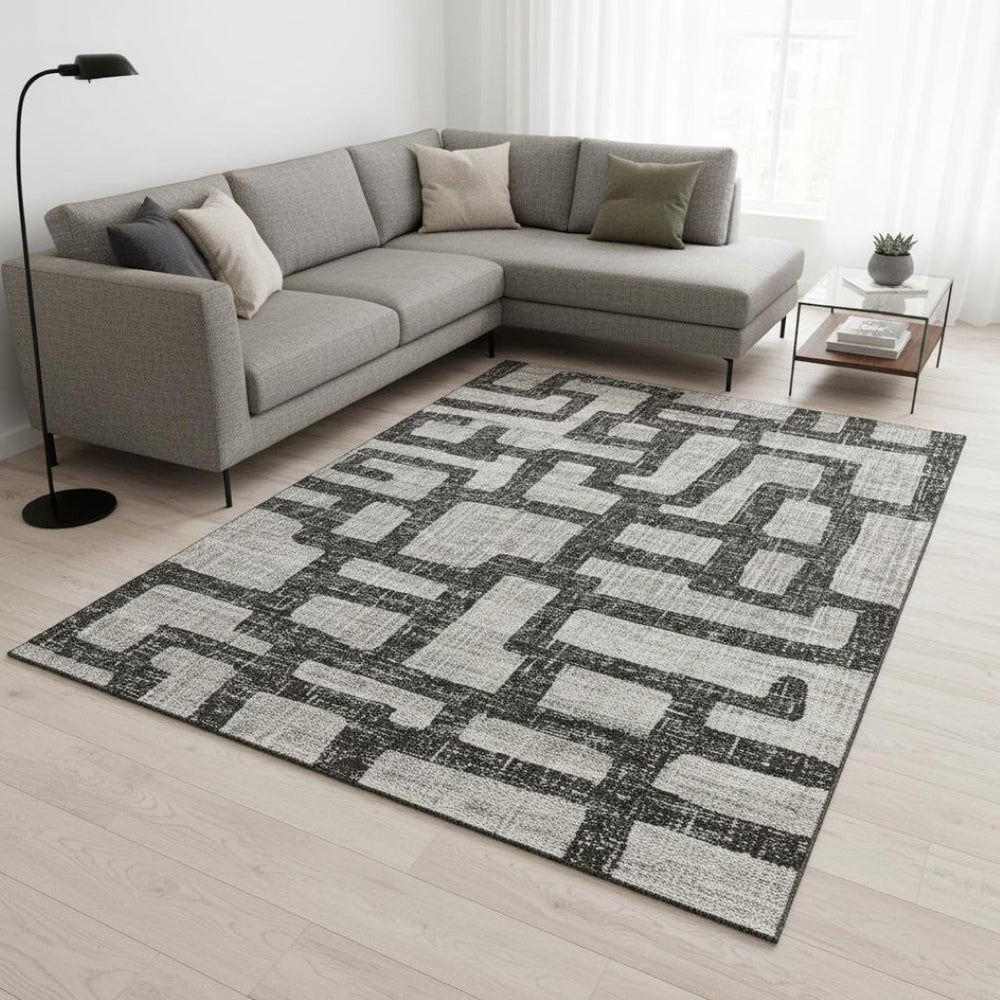 HomeRoots 9' X 12' Gray and Ivory Abstract Area Rug - Washable, UV-Protected, Durable for Busy Homes 644843