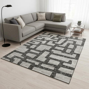 HomeRoots 9' X 12' Gray and Ivory Abstract Area Rug - Washable, UV-Protected, Durable for Busy Homes 644843
