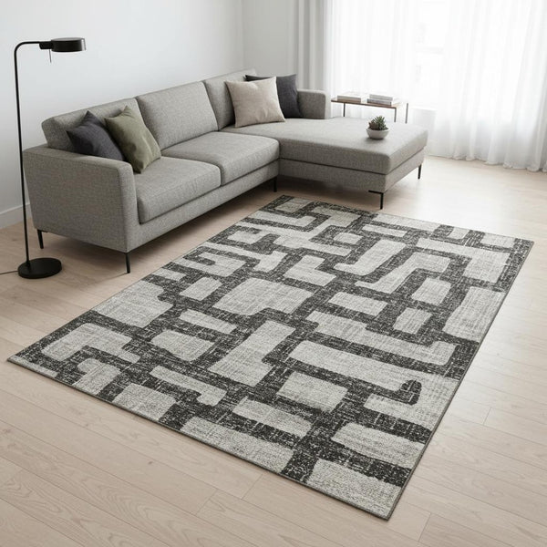 HomeRoots 10' X 14' Gray And Ivory Abstract Rug - Washable, Stain-Resistant, UV Protected for Busy Homes 644844