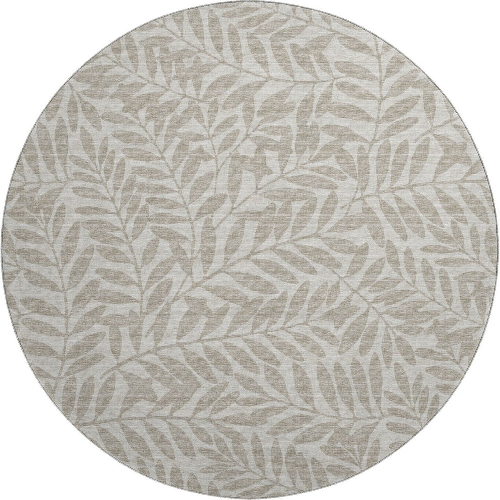 HomeRoots 8' Taupe and Ivory Botanical Leaves Washable Round Rug - Durable, UV-Protected & Easy Care Design 644847