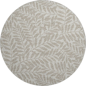 HomeRoots 8' Taupe and Ivory Botanical Leaves Washable Round Rug - Durable, UV-Protected & Easy Care Design 644847